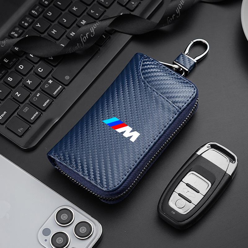 BBJV7 Carbon Fiber Leather Wallet Car Remote Key Storage Zippers Bag For Bmw 50th Anniversary M E36 F20 E46 E90 E87 E34 X3 X5 X6 M2 M3