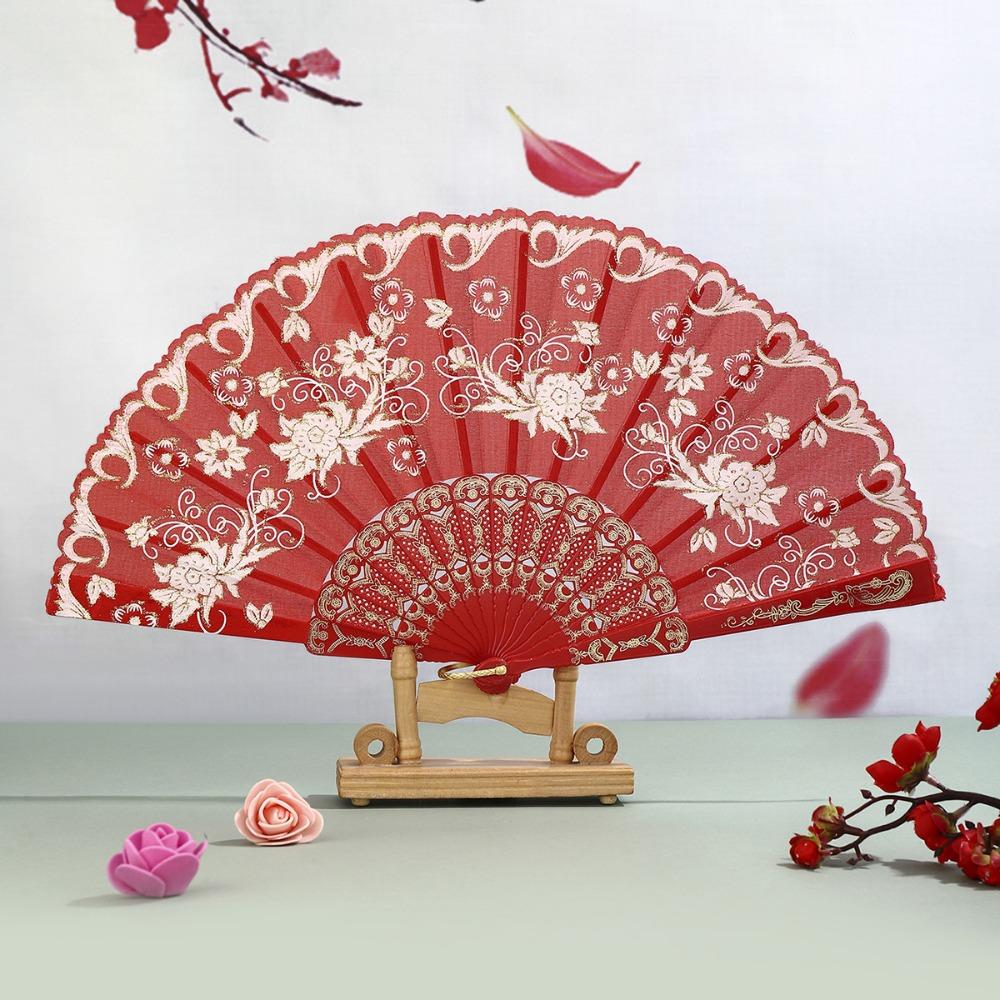 Portable Vintage Style Silk Hand Fan Floral Pattern Decorative Folding Fan with Tassel Handmade Handheld Fan Wedding Party