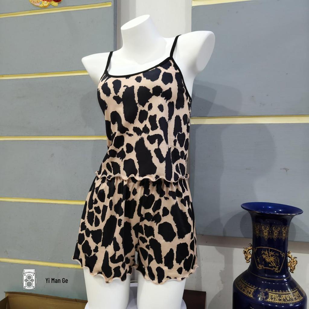 European & American Leopard Print Spaghetti Strap Pajama Set for Women - Lightweight & Sexy, Wearable Outdoors with Shorts.