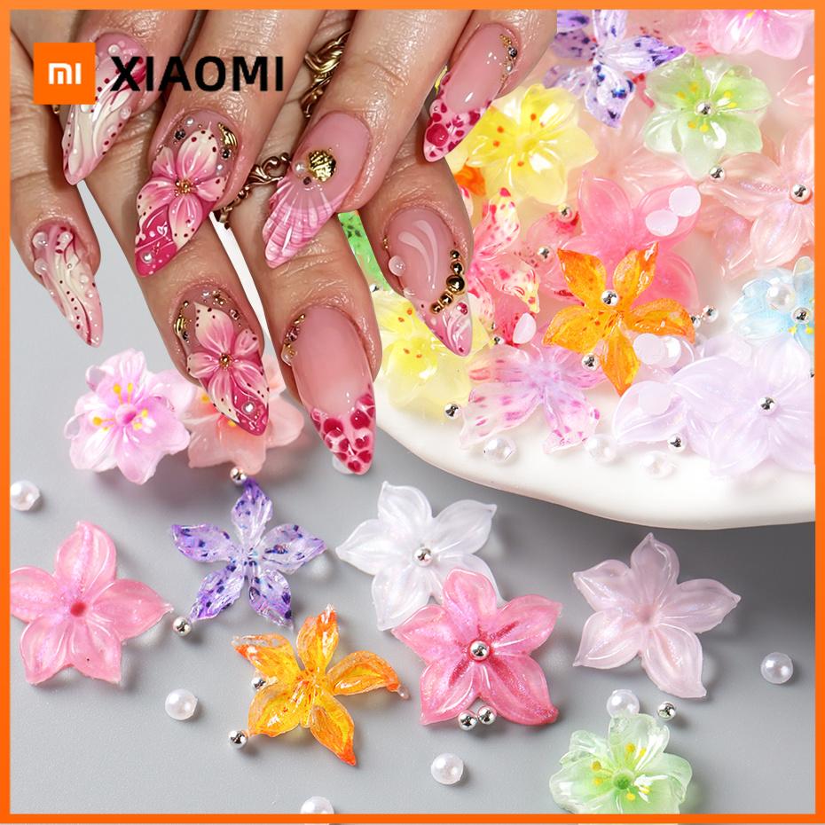 Xiaomi 30/50pcs Colorful Blooming Flowers Nail Charms Resin Camellias Hibiscus Sakura With Pearl Summer Japanese Style Nail Decorations