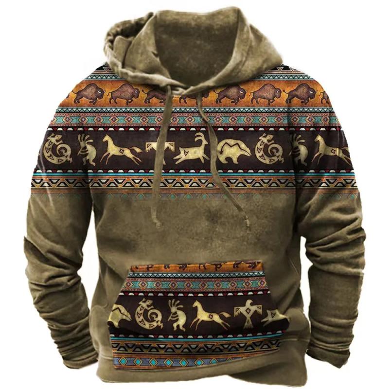 Зимняя мужская толстовка с капюшоном Harajuku Ethnic Wind Graphics Retro Clothes Pullover Shirt Casual Street Loose Casual Hoodie