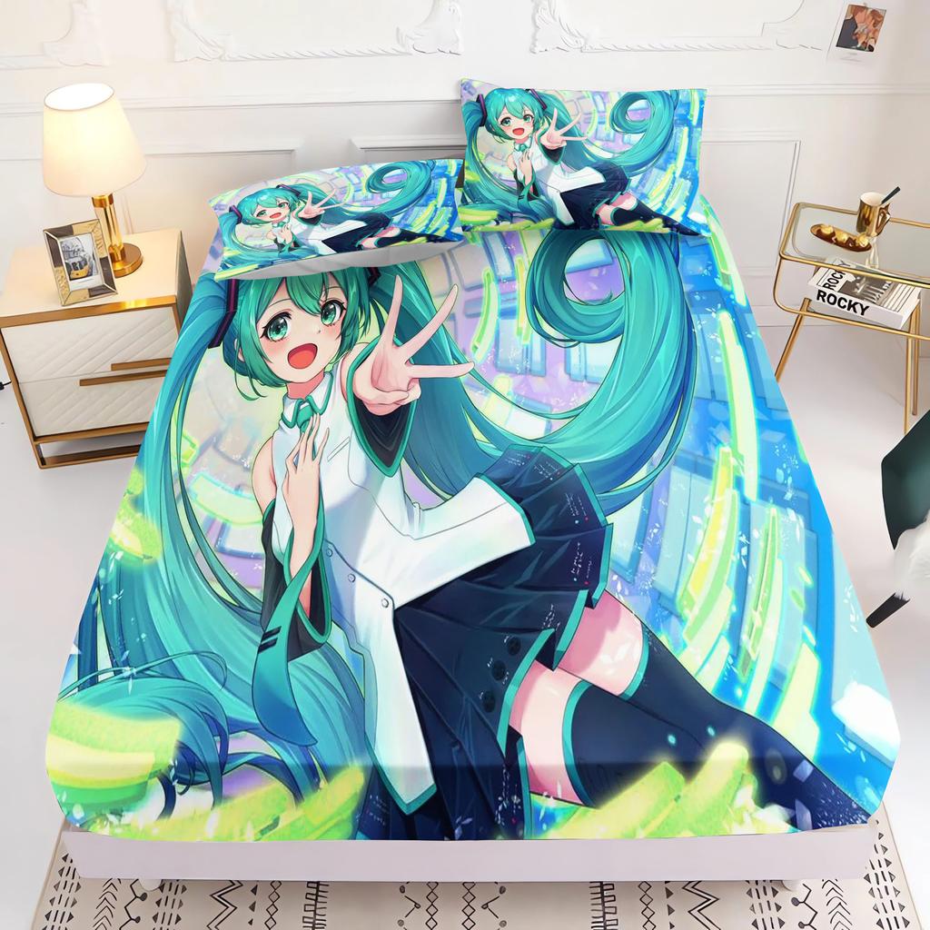 Простыня на резинке с принтом Hatsune Miku Comforte Покрывало для кровати Полный комплект 3D Детское постельное белье Аниме Декор комнаты Дом