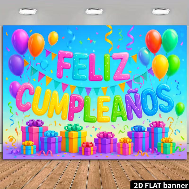 Яркий гобелен Feliz Cumpleaños, 2D, с цветными воздушными шарами и подарочными коробками, для фотозоны