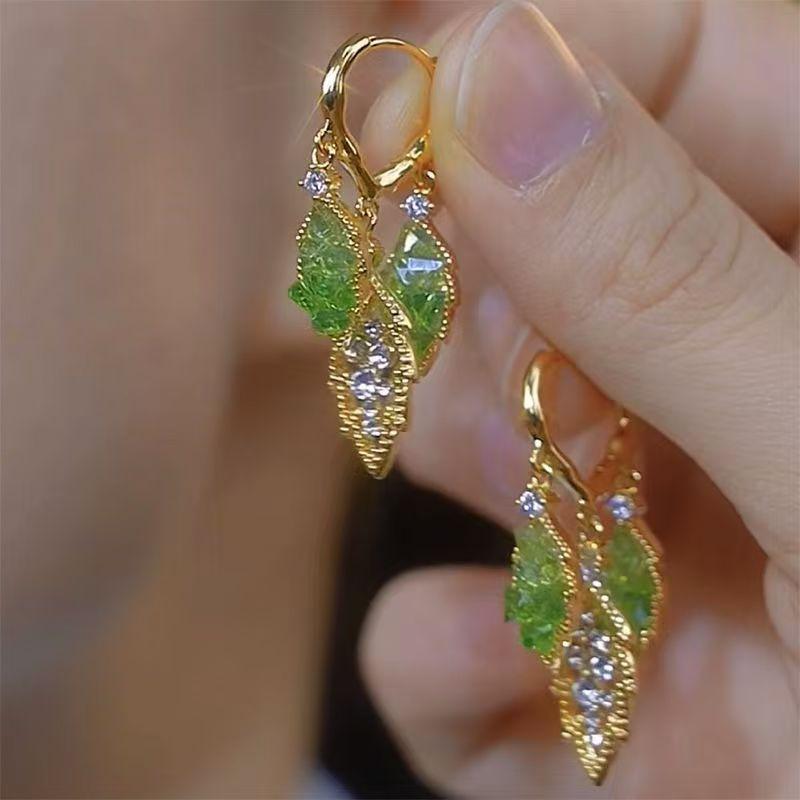 Модные блестящие серьги-подвески из зеленого листа с цирконием для женщин и девочек, корейские элегантные серьги-гвоздики, ювелирные изделия в подарок