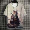 Cat Samurai Pattern T Shirt For Men Trendy Animal 3D Printed Tees Casual Short Sleeve Oversized Street T-Shirts Round Neck Tops