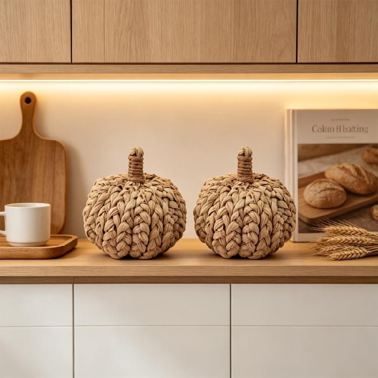 Thanksgiving Pumpkins Decors Accent, Woven Farmhouses Tabletop Ornament with Natural Braided Texture for Shelf and Harvest Styling