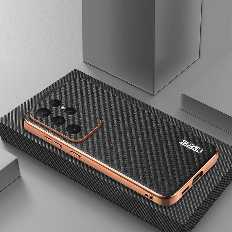 Чехол для Samsung Galaxy S25 S24 S23 S22 Ultra Plus с текстурой из углеродного волокна и мягкой накладкой из искусственной кожи, защитный чехол-бампер для камеры Allround