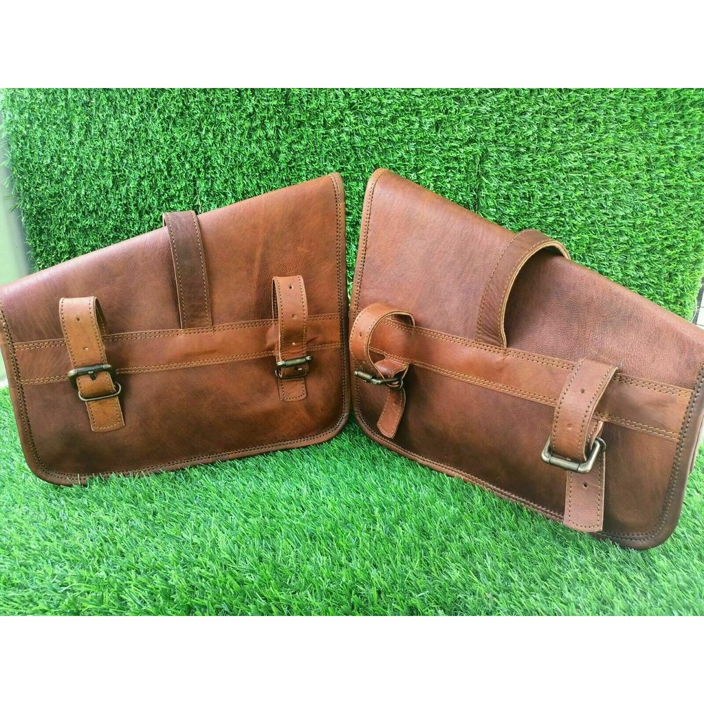 Combo Brown Vintage Leather 3 Saddle Bag Motorcycle Swing Arm Storage Tool Pouch