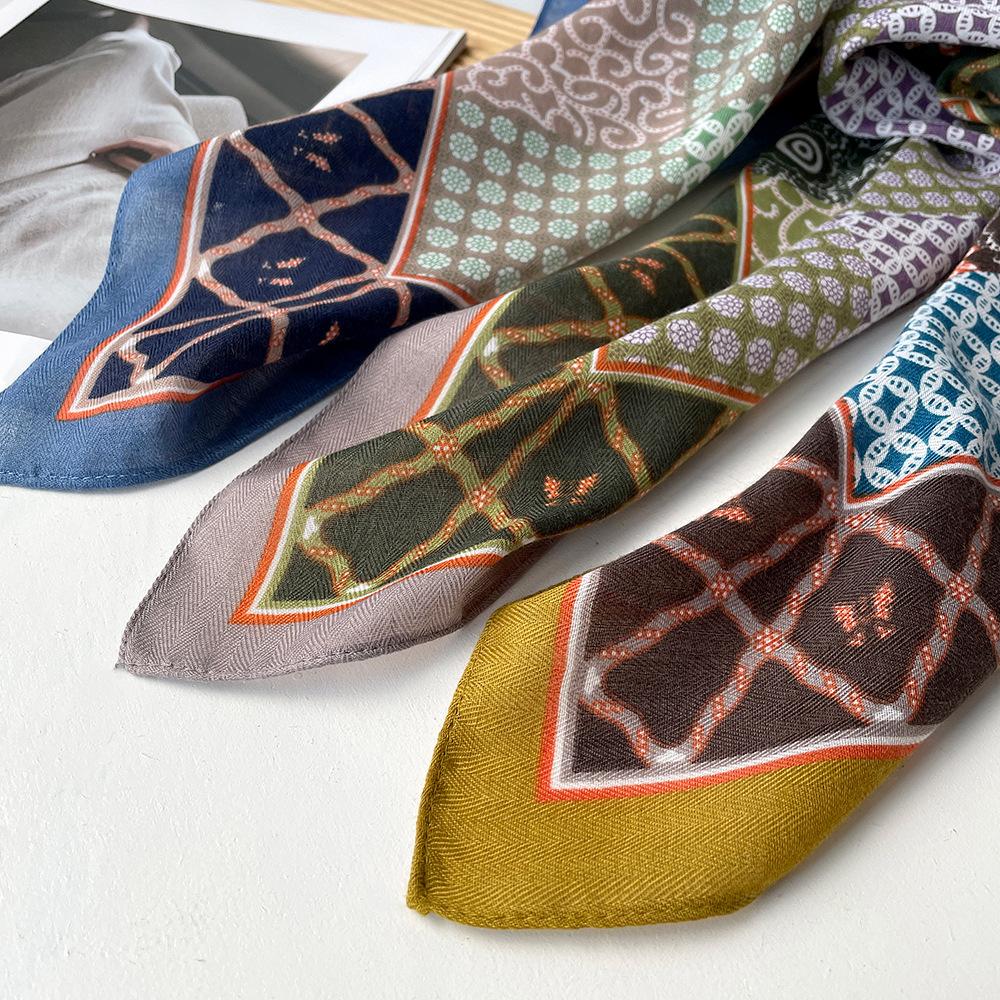 Color matching herringbone silk scarf cotton and linen small square scarf imitation silk headscarf shawl sunscreen scarf women's scarf