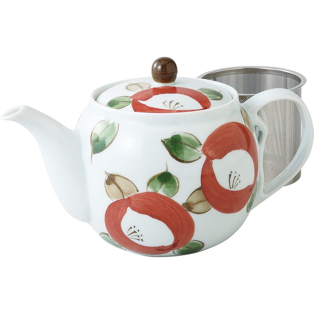 Hasami Ware Teapot with Round Camellia Pattern (Super Stainless Steel with Tea Strainer), 725ml Capacity, Made in Japan, Product Number 60184