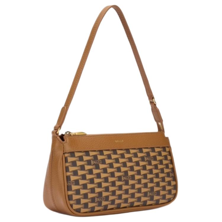 Bally Сумка на плечо женская маленькая, кожаная, с принтом-монограммой и цветовыми блоками, коричневая 6309585