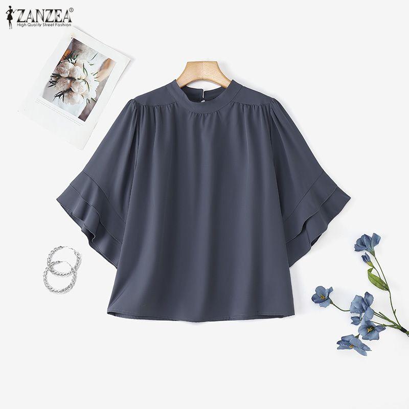 ZANZEA Women Casual Round Neck Loose Summer Ruffles Short Sleeve Blouse