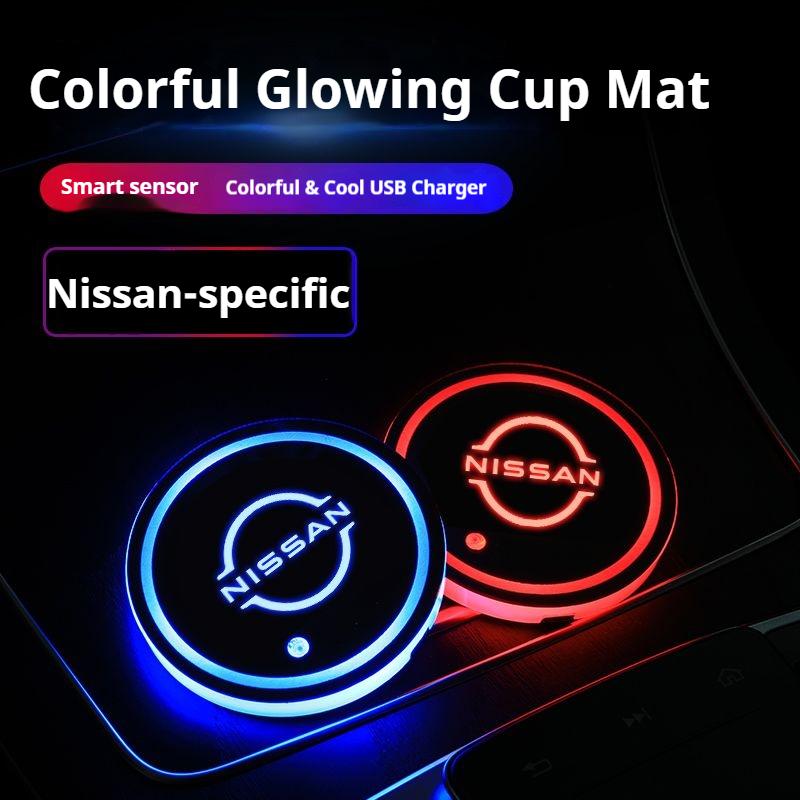 AUW3 Car Cup Holder LED Light Car Cup Pad Colorful Light Coaster For Nissan Qashqai Almera j11 j10 Juke X Trail t32 Tiida Leaf Versa