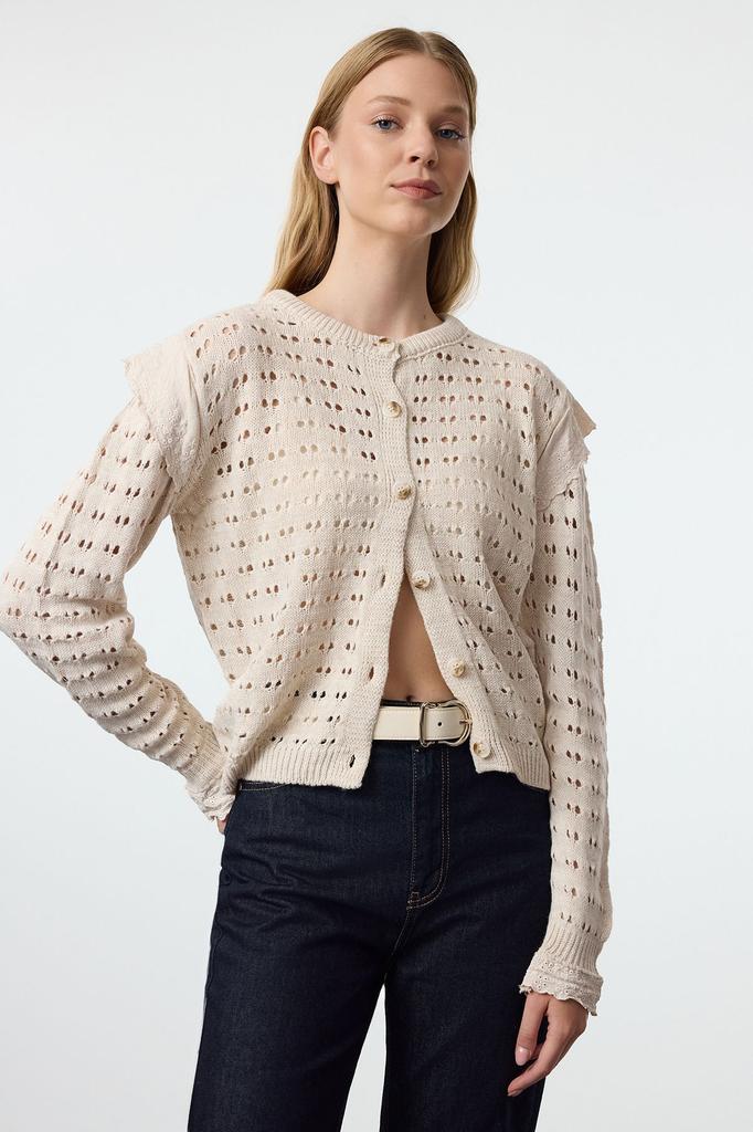 Women's Fashionable Stylish Cardigan Ecru Lace Detailed Openwork Perforated Knitwear Cardigan