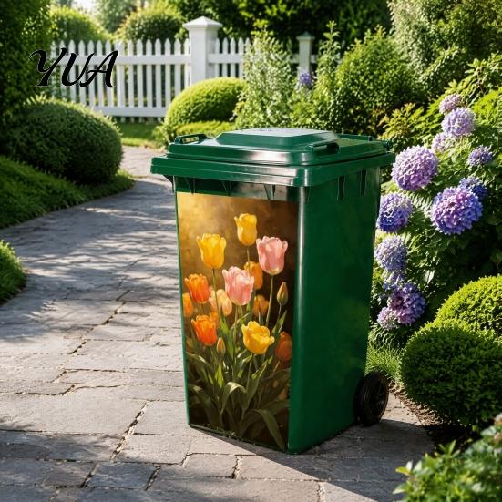 Sun Proof Metal Cabinet Stickers Floral Trash Can Stickers, Waterproof Self?Adhesive Bin Decals, Vintage Flower Pattern Decor Realistic
