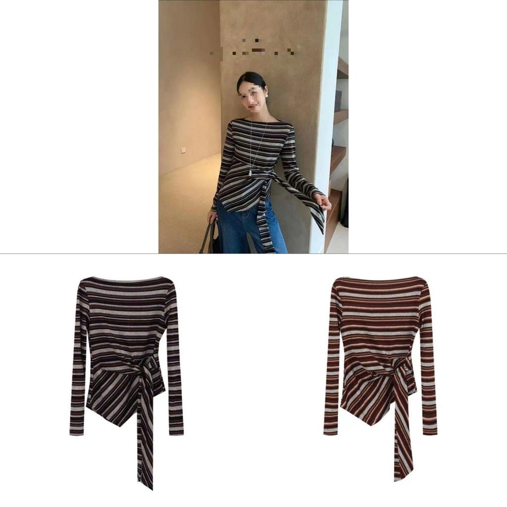 Korean Style Striped T Shirt With Tie Details For Fall Winter Fashion