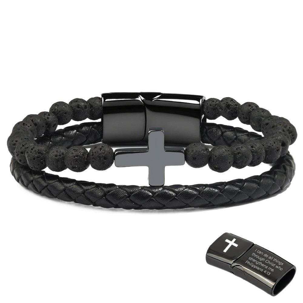 Leather Lava Rock Bead Bracelet Black Inspirational Quotes Bracelets  Husband