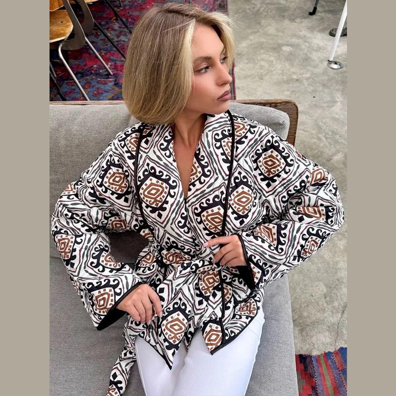 Printed Lace Up Cotton Jacket Lapel Cardigan Thick Warm Women's Oversize Coat Retro Ethnic Style Autumn/Winter 2025