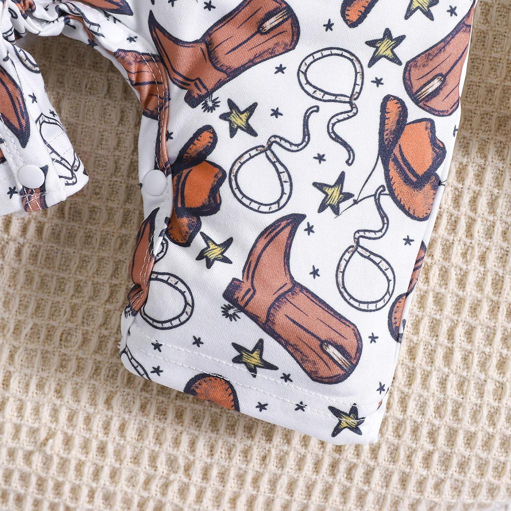 Infant Baby Boy Cute Cowboy Hat Print Short Sleeve Casual Style Jumpsuit