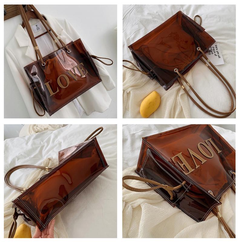 Модные женские прозрачные сумки на ремне из ПВХ желе ярких цветов, большая вместительная сумка-тоут коричневого цвета