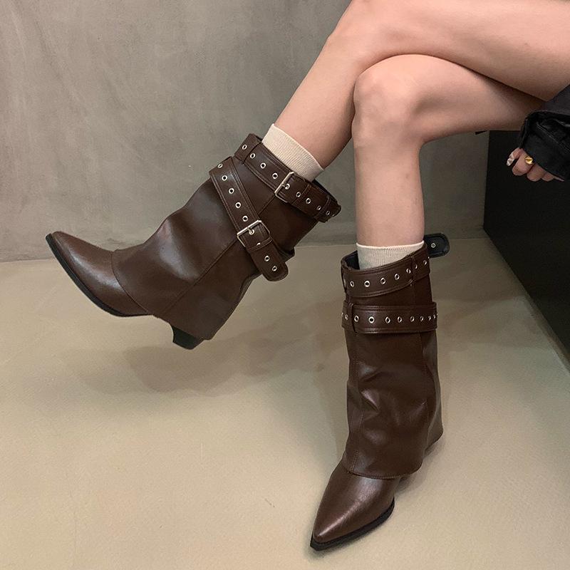 Ретро остроносые ботильоны с пряжкой, женские 2025 осень и зима, новые тонкие ботфорты до колена