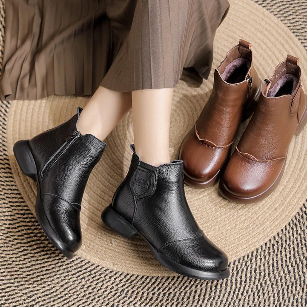 Женские сапоги осенне-зимние плюшевые и теплые хлопковые сапоги из натуральной кожи в стиле ретро с мягкой подошвой, нескользящие, среднего размера, хлопковые туфли для женщин