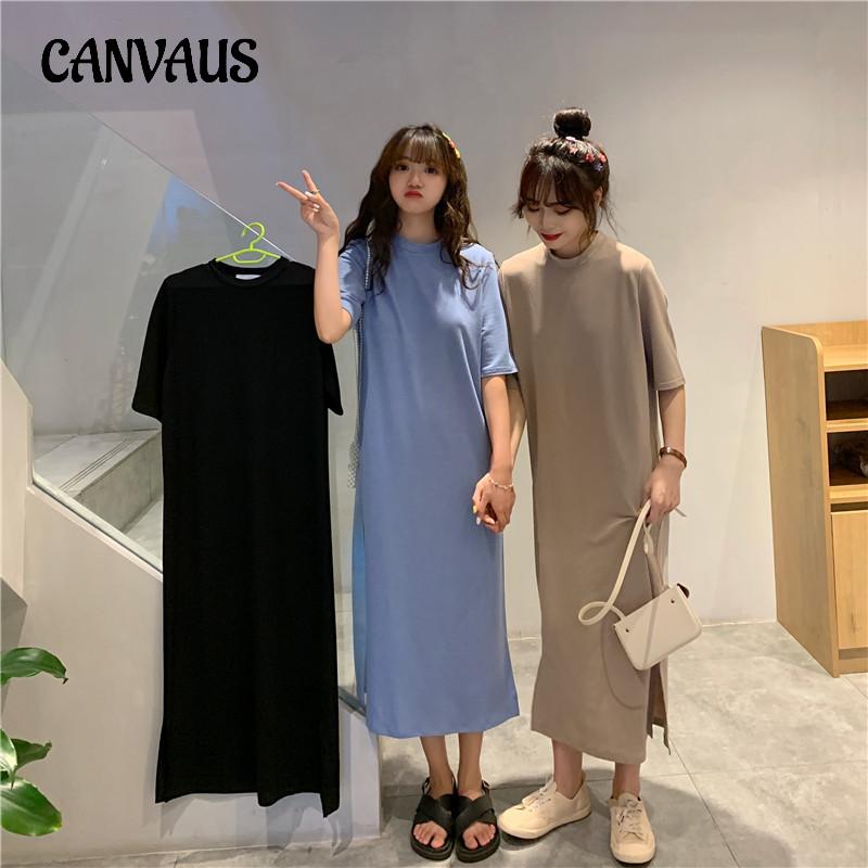 Summer Casual Long Knee Split Short Sleeve Nightgown Women's Plus Size Loose Straight T-Shirt Dress