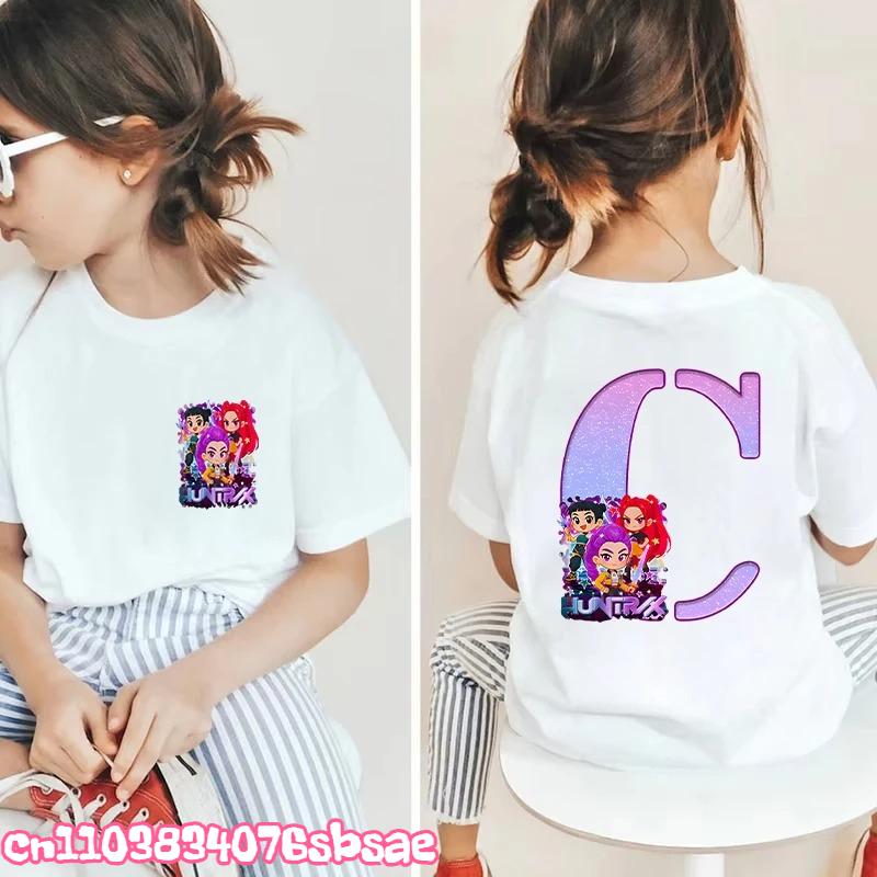 Hot Fashion Girls Boys T-shirts A-Z 26 Letter Kpop Demon Hunter HuntrX Graphic Kids Tops Short Sleeve Tees Shirts Child Clothing
