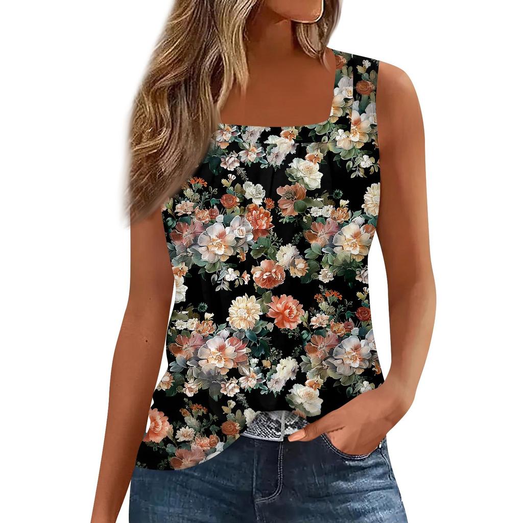 Square Collar Tank Top Women Print Tank Tee Casual Loose Fit Sleeveless Shirt