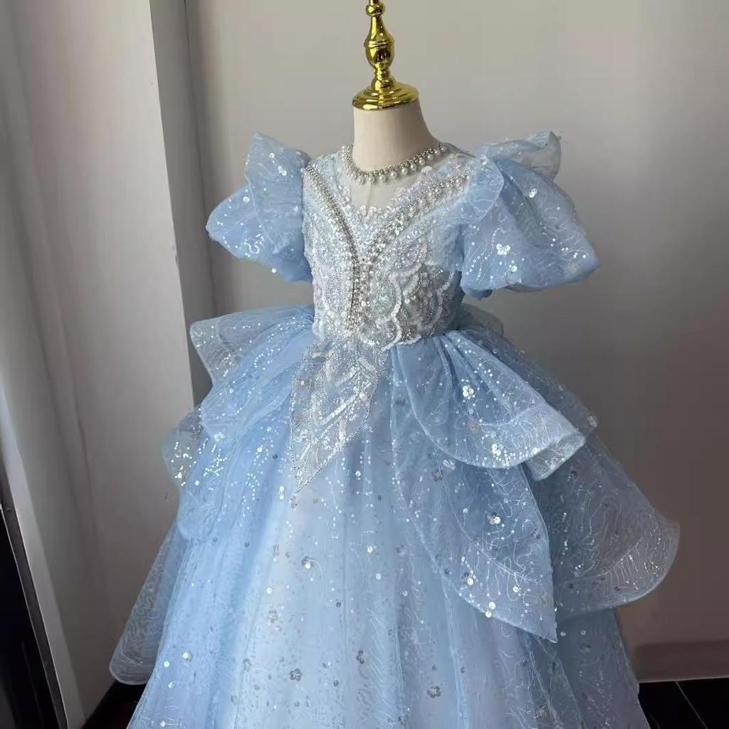 2025 Baby Girl Princess Dress Sequin Party Dresses for Children Puff Sleeves Clothing Classy Flower Girls Costume for Wedding