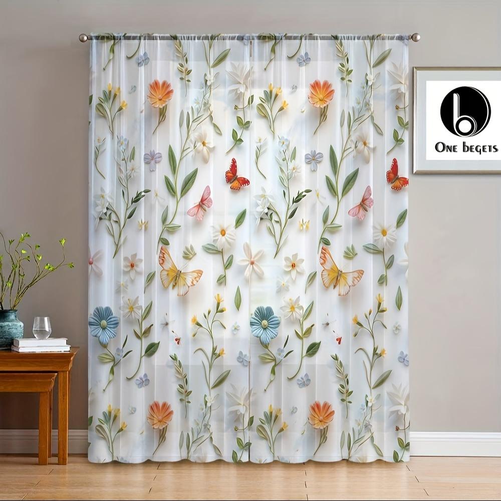 Классический узор из листьев, прозрачные шторы, комплект из 2 шт., устойчивые к ультрафиолетовому излучению, без подкладки, полиэстеровые дверные панели, карманы для штанги для гостиной