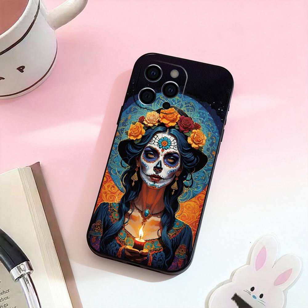Чехол для телефона 'Мексиканский череп Катрины' для iPhone 17,16,15,14,13,12,11 Plus,Pro Max, Мягкий силиконовый черный чехол