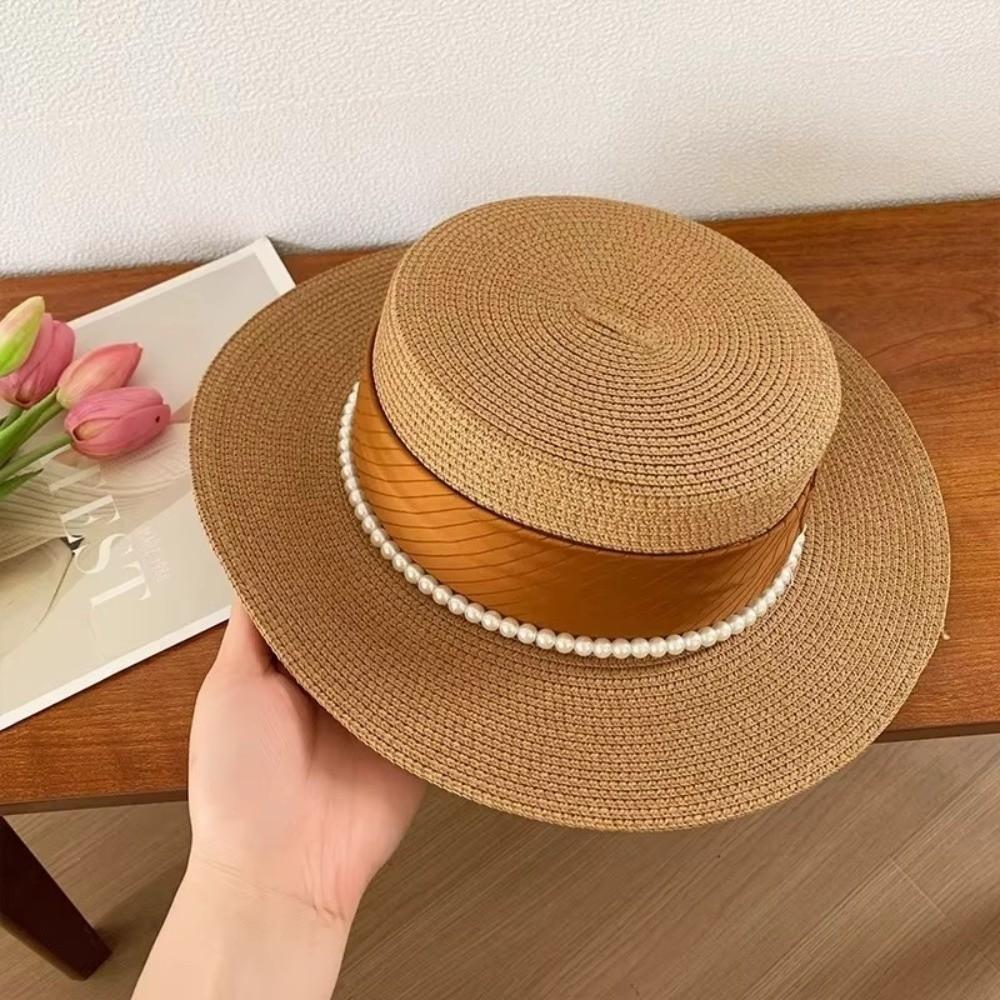New French Hepburn Style Straw Hat Solid Color UV Protection Pearl Chain Hat Breathable Straw Weaving Flat Sun Hat Beach Wear