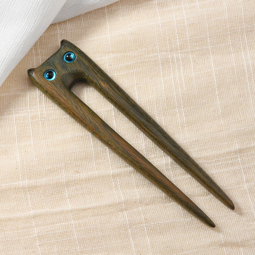 Vintage Sandalwood Cat Hairpin Wooden Blackwood Kitty Hair Stick Antique Boys/Girls