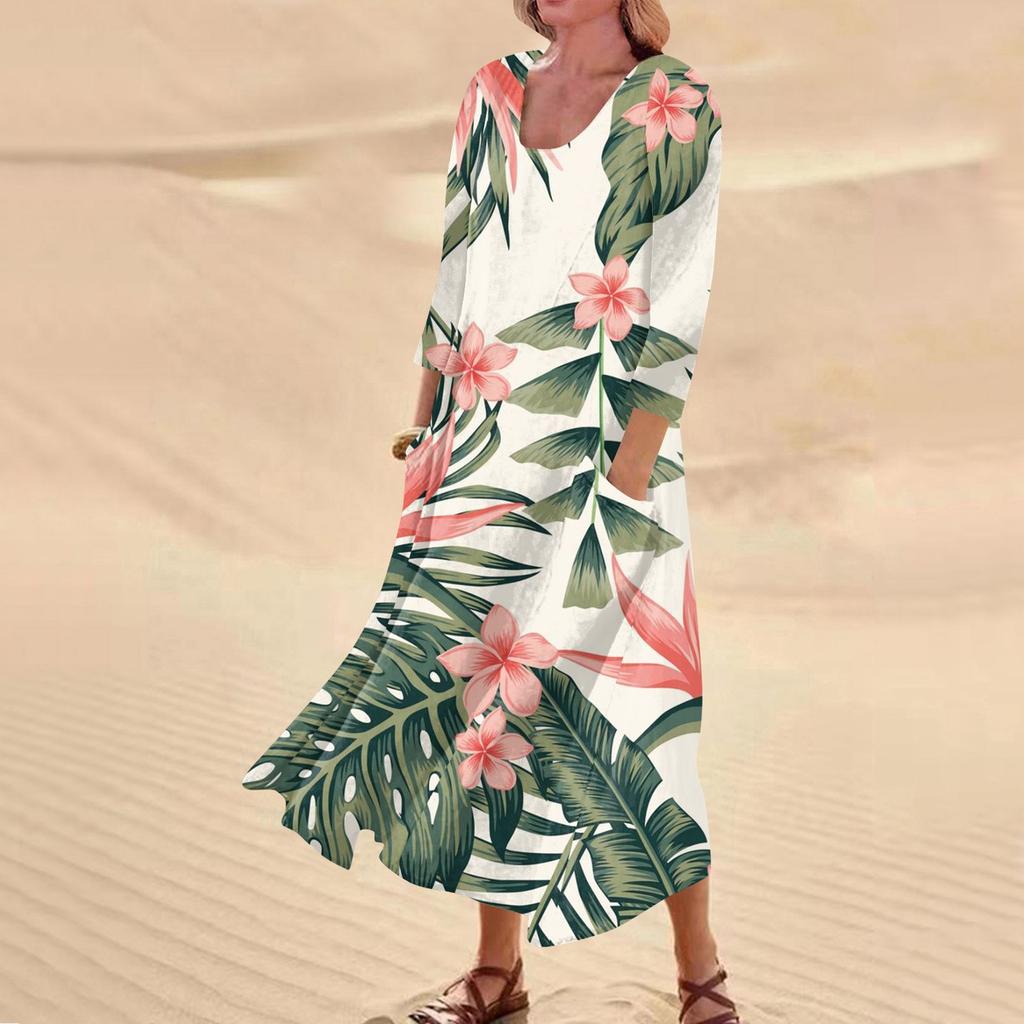 Женское повседневное удобное хлопковое карманное платье с цветочным принтом и рукавами три четверти