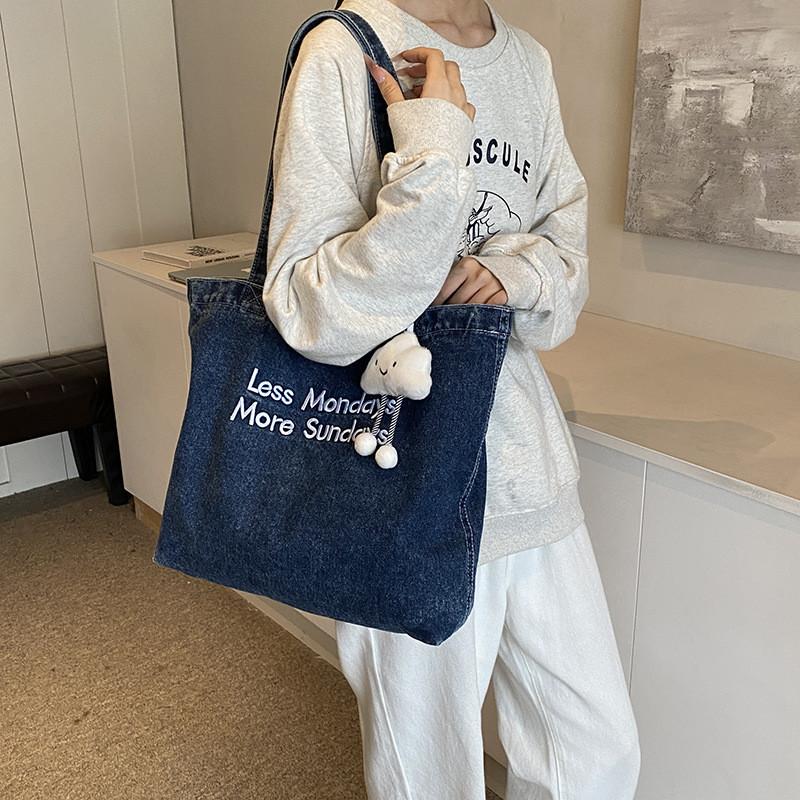 Large Capacity Denim Tote Bag With Car Stitching For Everyday Outfits