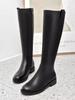 Black Leather Elegant Middle Heel Ladies Knee High Shaft Shoes Autumn Winter Fleece-Lined Round Toe New In Women'S Long Boots