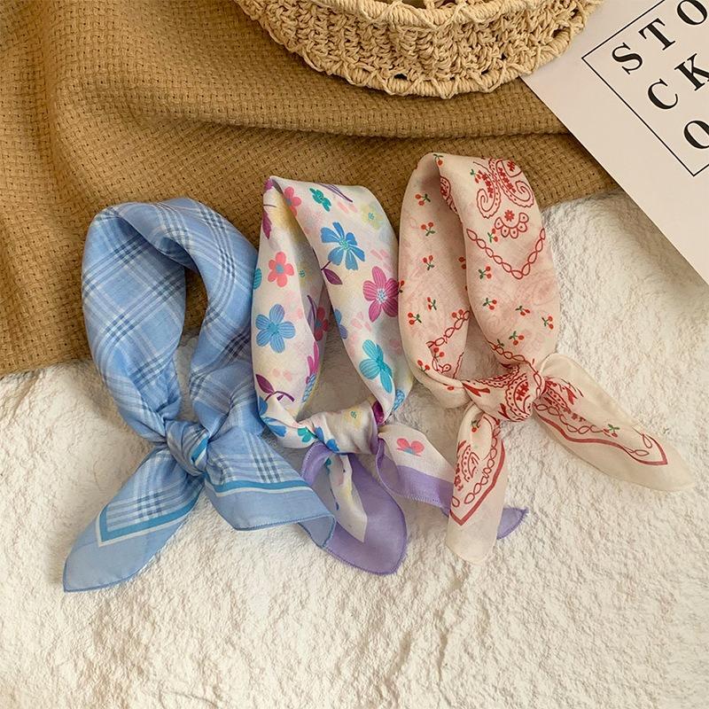 Neck Small Square Scarf Flower Literary Retro Scarf Headband Headscarf Silk Scarf High Sense Fashion Versatile Scarf Shawl