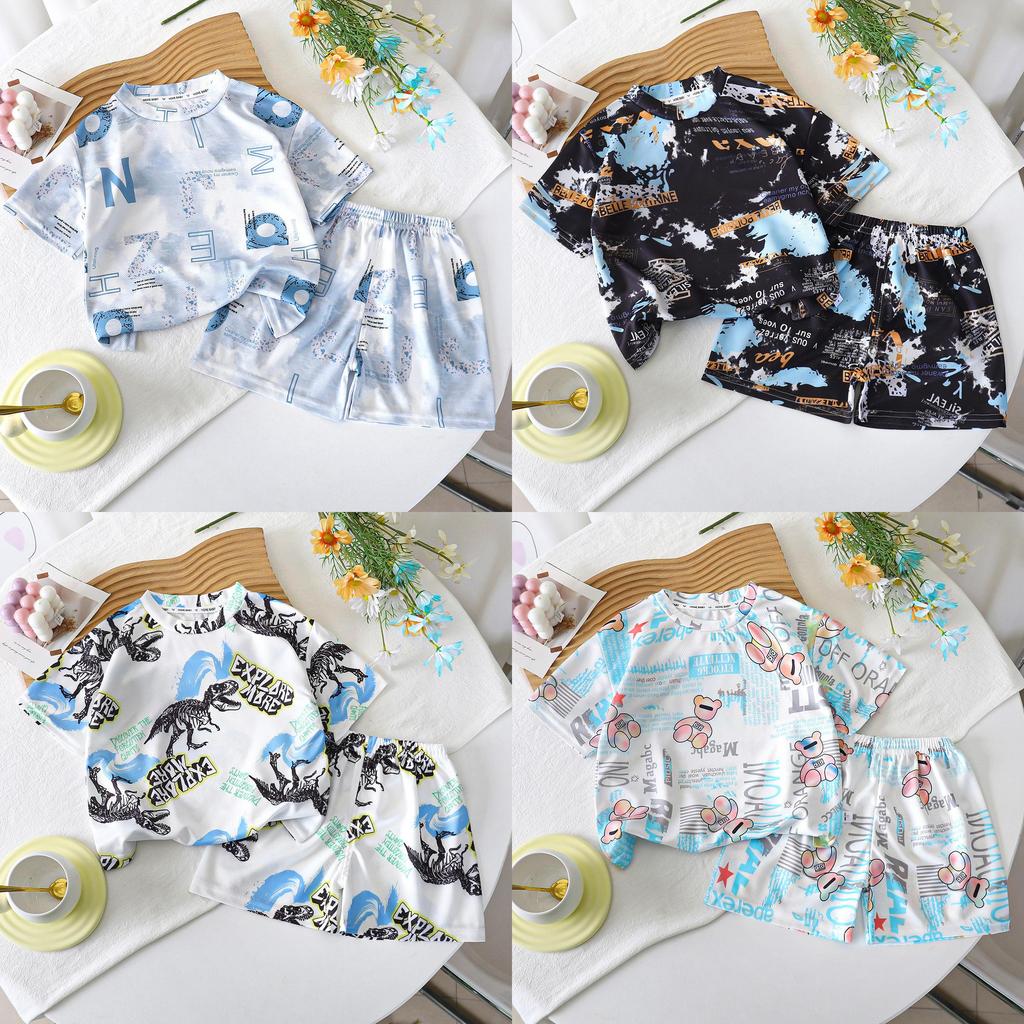 Cartoon Dinosaur Summer Boys Toddler Twopiece Set With Short Sleeve Top And Shorts