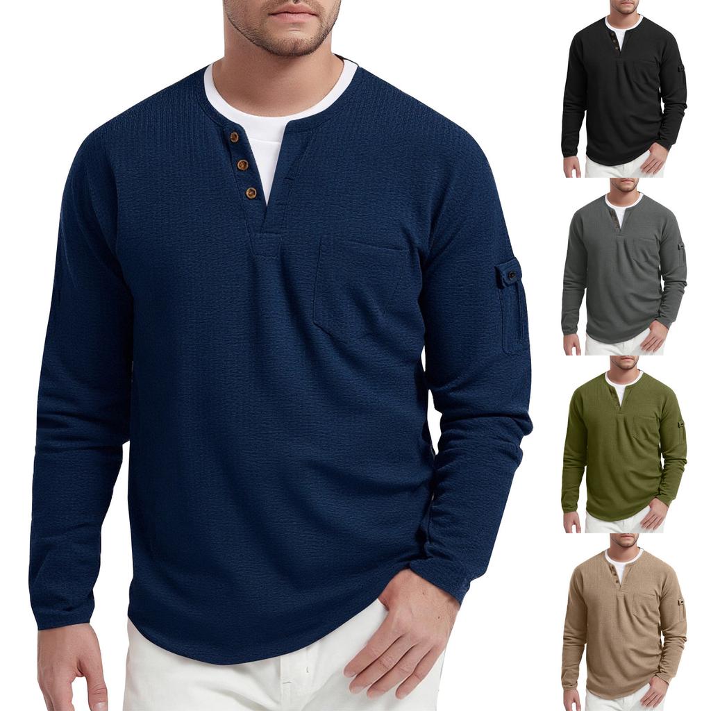 Men's Spring Solid Color Fake Two-Piece Double-Layer V-Neck Pocket Long Sleeve Top