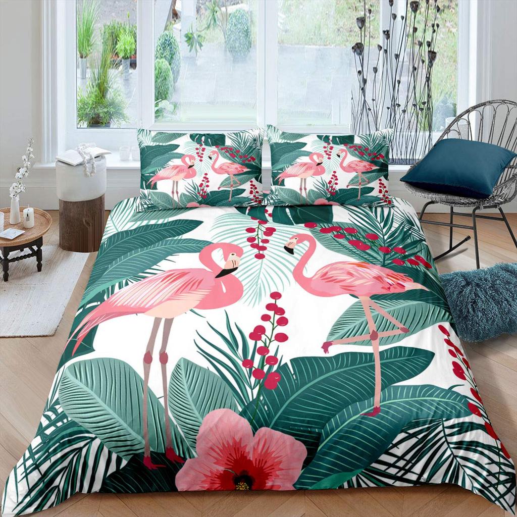 Комплект пододеяльника «Фламинго» Тропические листья Покрывало с рисунком пальм Постельный комплект Красочный полиэстеровый пододеяльник для детей