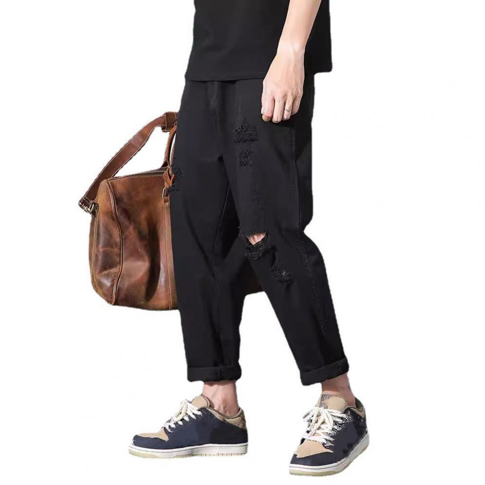 Men Jeans Mid-rise Button Zipper Fly Ripped Holes Design Denim Pants with Pockets Solid Color Casual Harem Trousers
