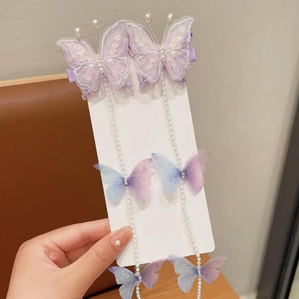 2 шт./набор Заколка для волос в виде бабочки с жемчугом феи, принцесса, кисточка, плетеная цепочка для волос, заколка для волос, милый детский головной убор, детский аксессуар для волос