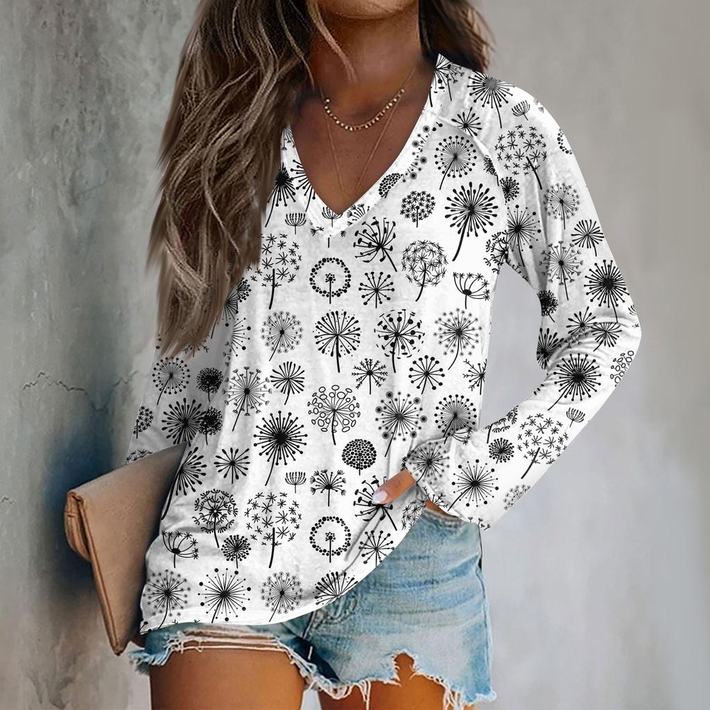Женская модная свободная футболка с V-образным вырезом и длинным рукавом с винтажным цветочным принтом, повседневный топ