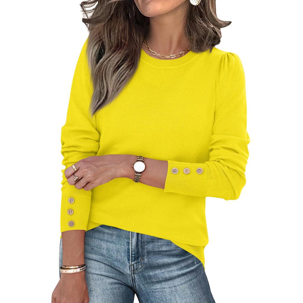 Женская мода Пуловер из мягкого трикотажа с длинным рукавом и манжетами на пуговицах, Трендовые топы однотонной расцветки