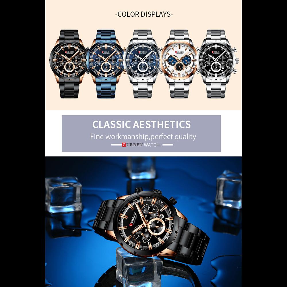 CURREN Luxury New Mens Stainless Steel Band Wristwatches for Men Casual Fashion Quartz Clock Mens Chronograph Watch with Date