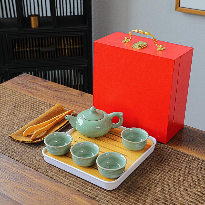 Travel Portable Kung Fu Tea Set Gift Tea One Pot Four Cups Tea Tray Office Porcelain Carving