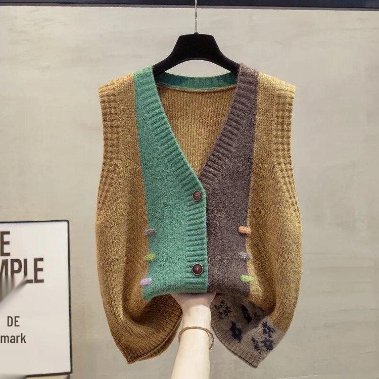 Безрукавный свитер в стиле колор-блок для женщин среднего и пожилого возраста - Универсальный вязаный топ для весны/осени