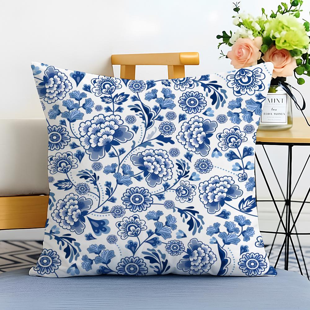 Blue and White Porcelain Cushion Cover Washable Linen Pillowcase Soft  for Sofa Bed Cozy Home Room Decor