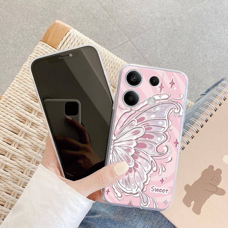 Чехол-бабочка с цветком для iPhone Samsung A55 M34 S24 Xiaomi Redmi 13 Pro 14C Huawei Honor, противоударный бампер для телефона TPU, устойчивый к царапинам, прозрачная задняя крышка